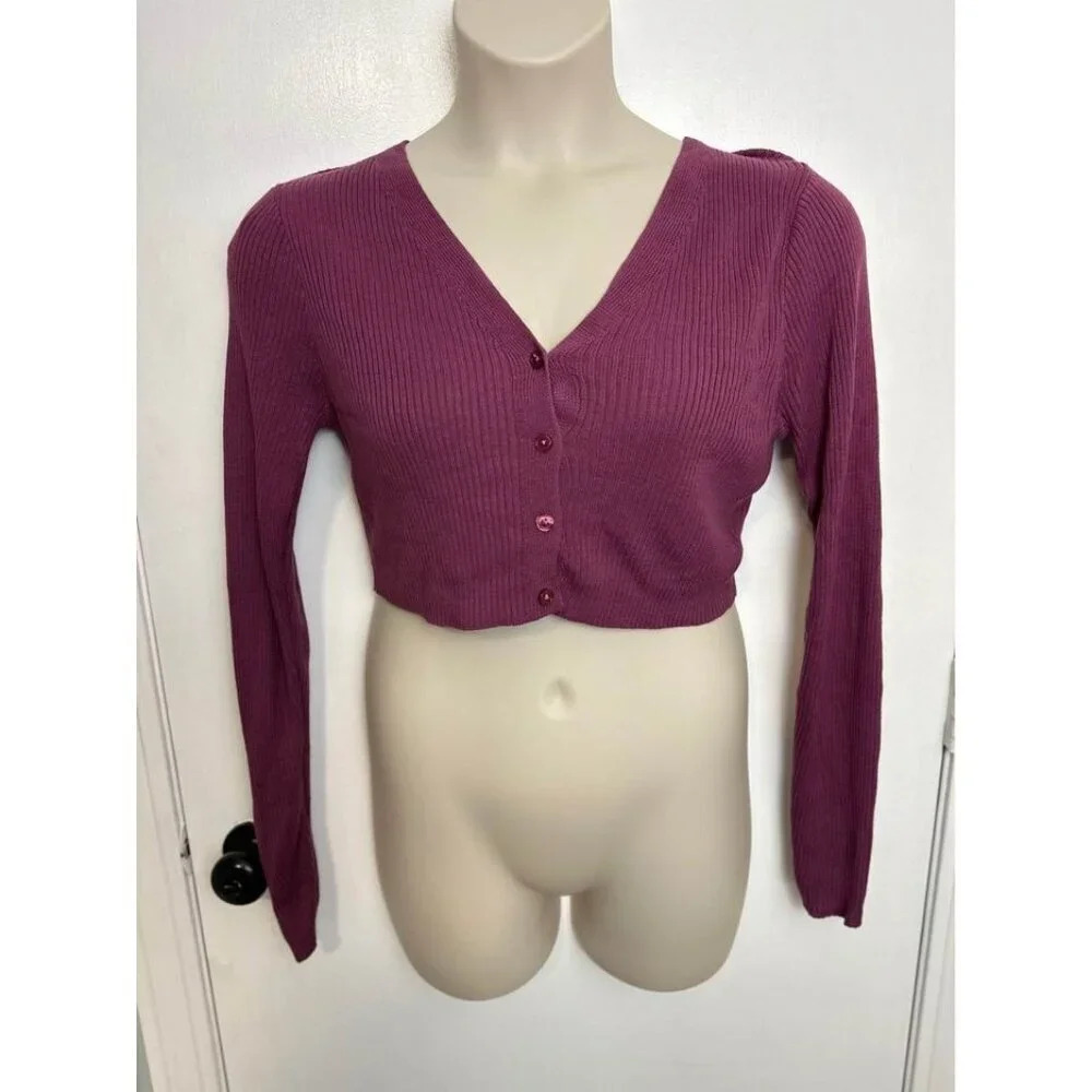 Mauve Cropped Cardigan Sweater front button ribbed & soft size XXL wild fable #1